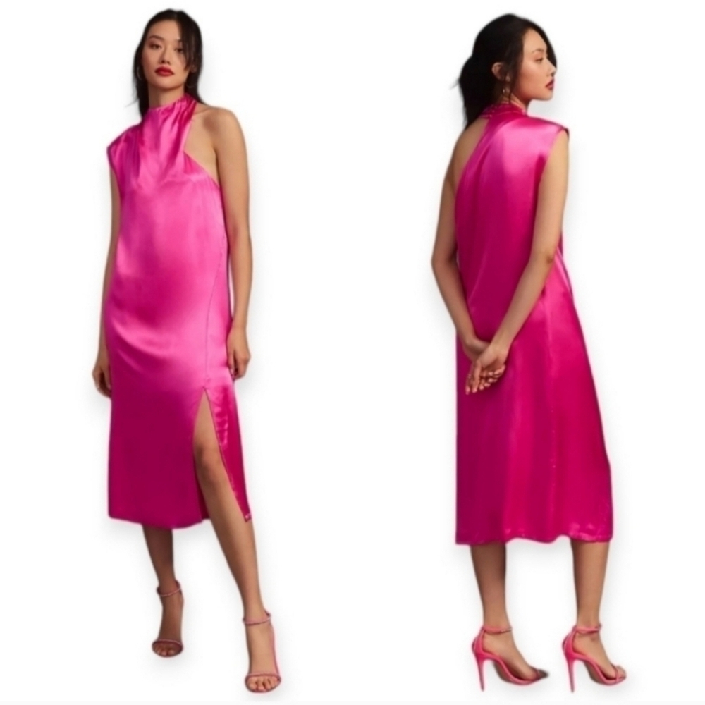 Anthropologie Corey Lynn Calter One-Shoulder Pink Satin Midi Dress